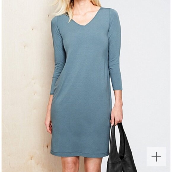 Eileen Fisher Jersey V-Neck Dress Women's Size Small Slate Blue Viscose Spandex - Picture 3 of 9